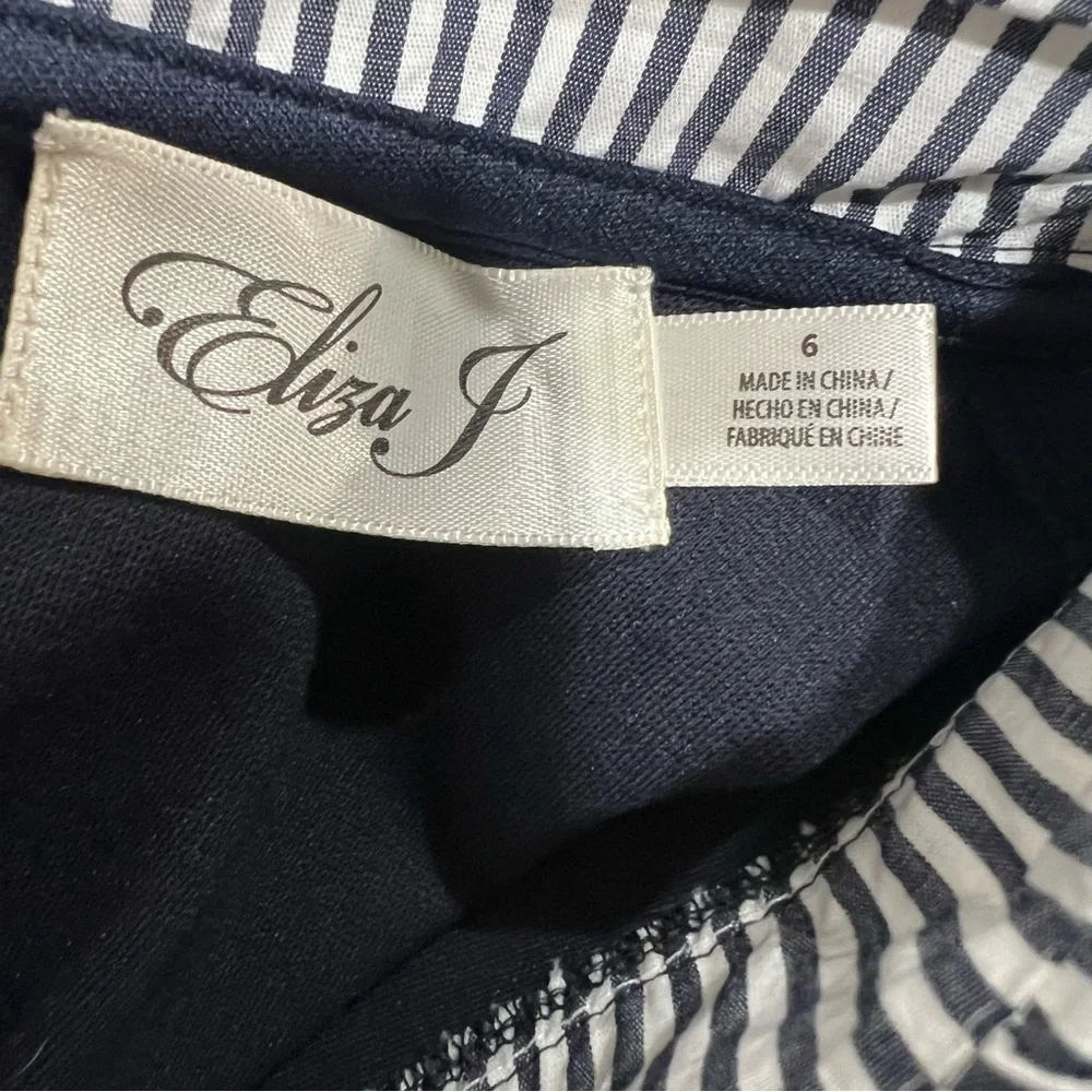 Eliza J size 6 navy blue with striped ruffle collar dress
